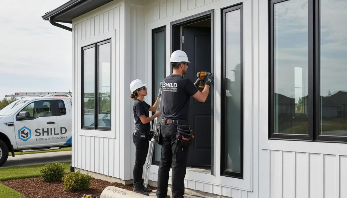 Professional door installation on vinyl siding home in Medford, MA by Next Level Exteriors