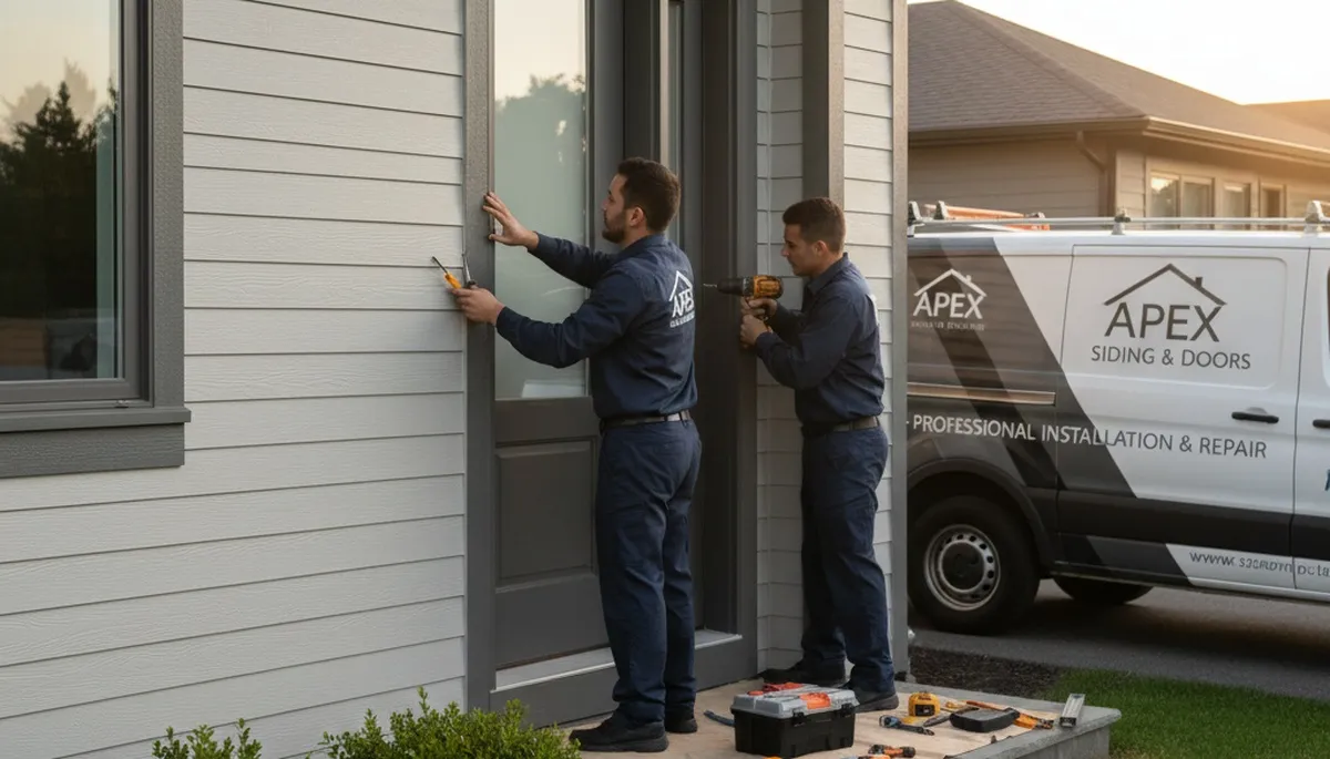 Technician repairing exterior door frame and siding at home in Medford, MA