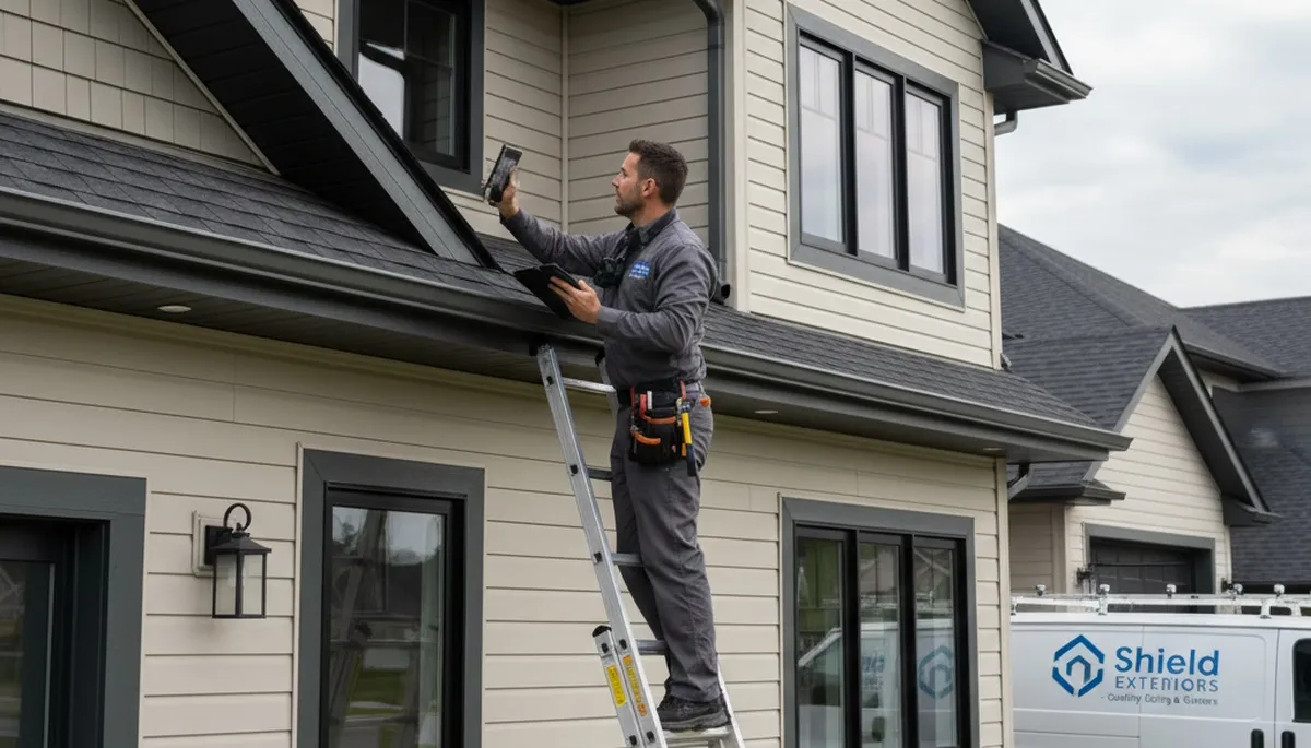 Technician performing gutter inspection on vinyl-sided home in Medford, MA