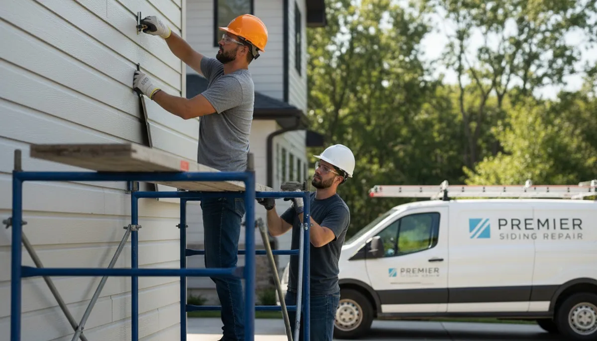 Technician repairing damaged vinyl siding on home exterior in Medford, MA