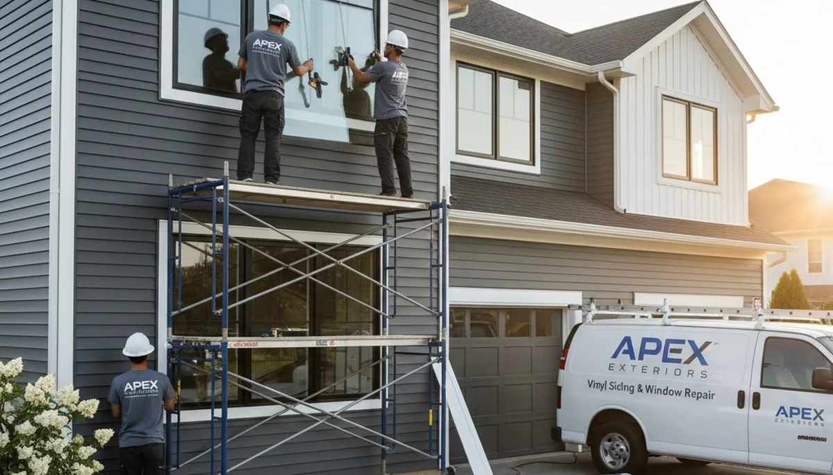 Technician repairing drafty window frame at Medford MA home by Next Level Exteriors